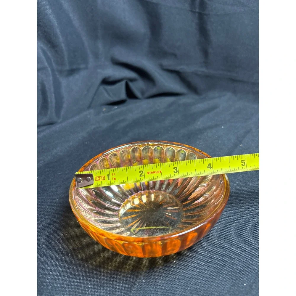 Vintage Marigold Carnival‎ Glass Ribbed Small Bowl Iridescent Sunburst 4.5 Inch